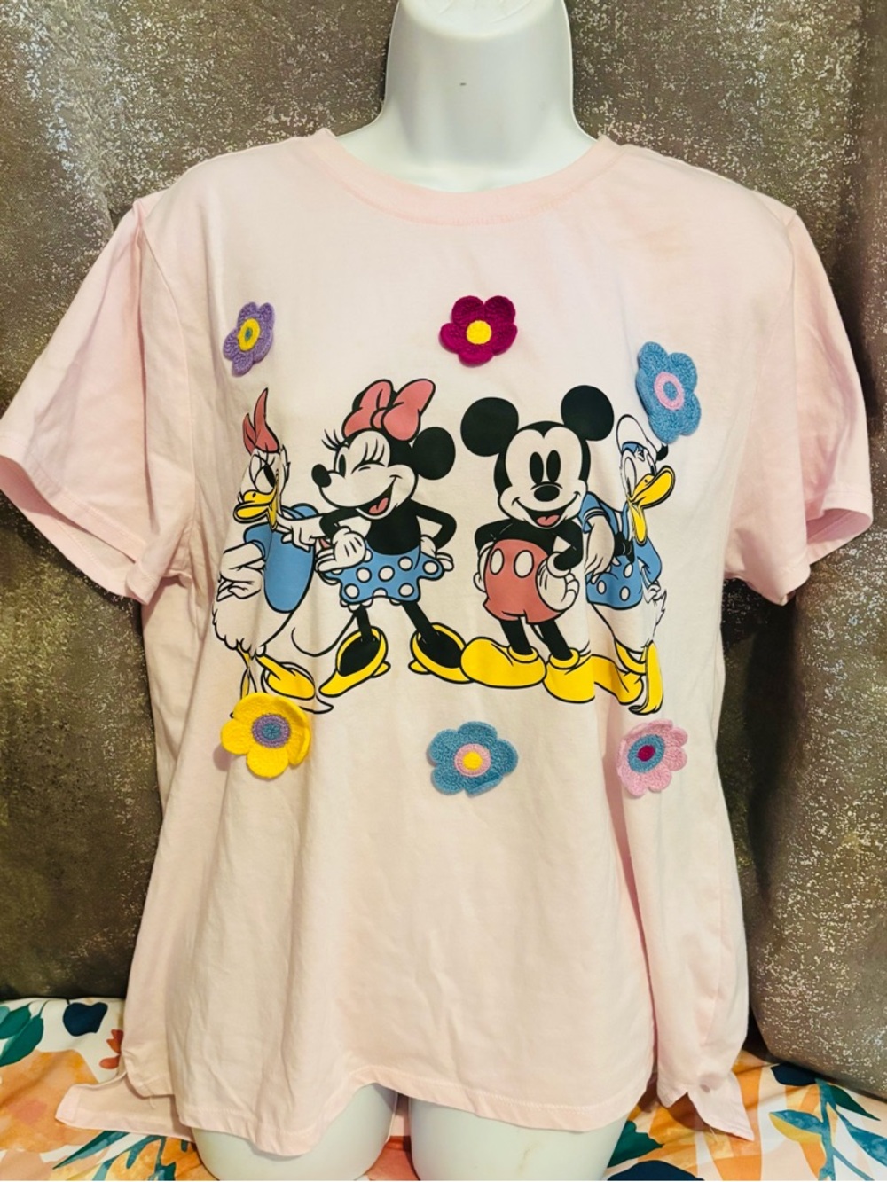 Disney Mickey& Friends Pink Short Sleeve  with Floral Appliqués